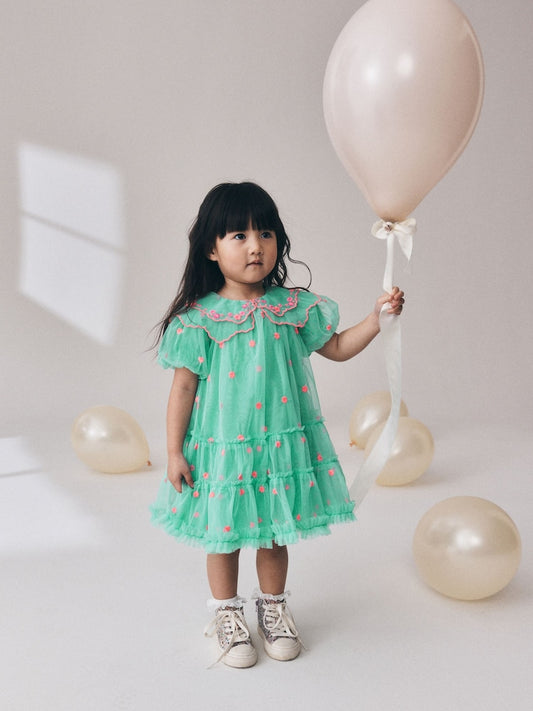 |Girl| Vestido de Festa em Tule Bordado Azul-petróleo (3 meses a 8 anos)