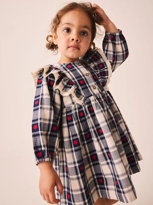 |Girl| Vestido Azul-Marinho de Manga Longa com Estampa de Corações e Xadrez e Gola com Babado (3 meses a 8 anos)