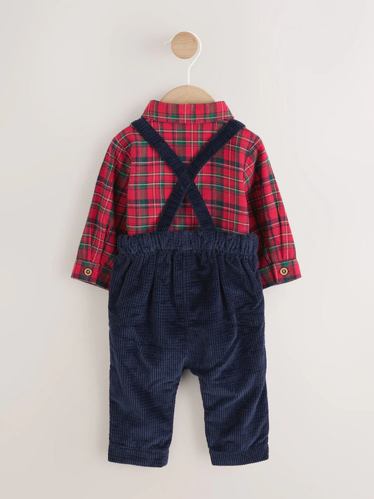 |BabyBoy| Conjunto De 3 Peças Para Bebê: Camisa Xadrez Vermelha, Calça e Suspensórios (0 meses a 2 anos)