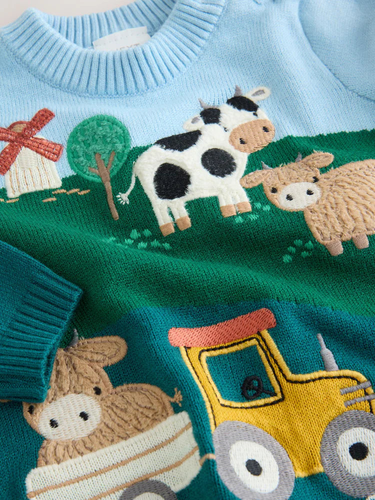 |BabyBoy| Conjunto De Tricô Para Bebê Hamish Farm (verde/azul): Blusão e Legging (0 meses a 2 anos)