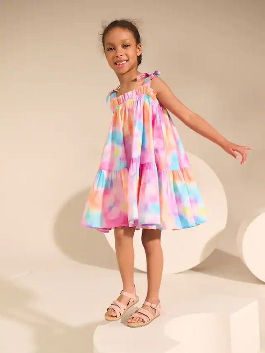|BigGirl| Vestido De Verão Com Alças e Estampa De Mármore Arco-íris (3-16 anos)