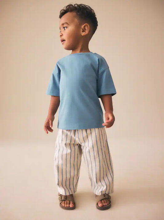 |Boy| Calças De Linho Misto Azul/Cru De Corte Amplo (3 meses a 7 anos)