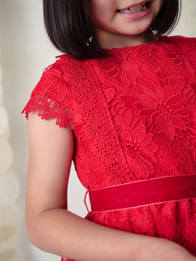 |BigGirl| Vestido De Renda Vermelha Para Ocasiões Especiais (3-16 anos)