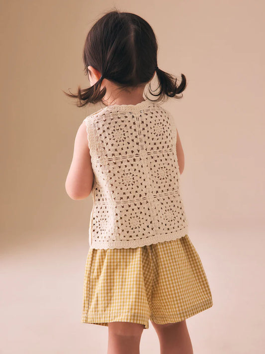 |Girl| Conjunto De Top e Shorts De Crochê Amarelo Ocre (12 meses a 7 anos)