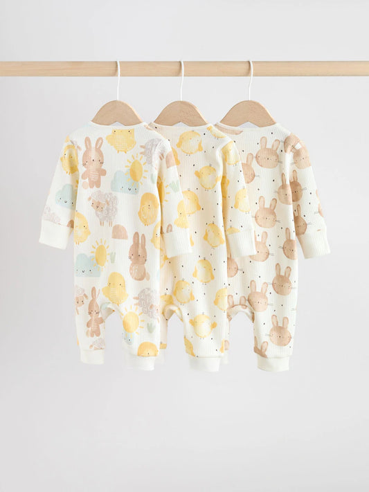 |BabyBoy| Conjunto De 3 Macacões De Bebê Amarelos Com Zíper Duplo e Estampa De Personagens de Páscoa (0 meses a 3 anos)