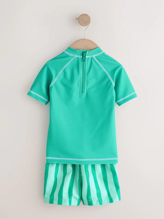 |Boy| Conjunto De Camiseta De Manga Curta Verde Com Proteção Solar e Shorts De Banho (3 meses a 7 anos)