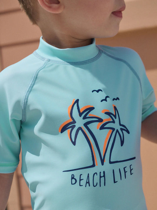 |Boy| Conjunto De Camiseta De Proteção Solar Azul De Manga Curta e Shorts De Banho (3 meses a 7 anos)