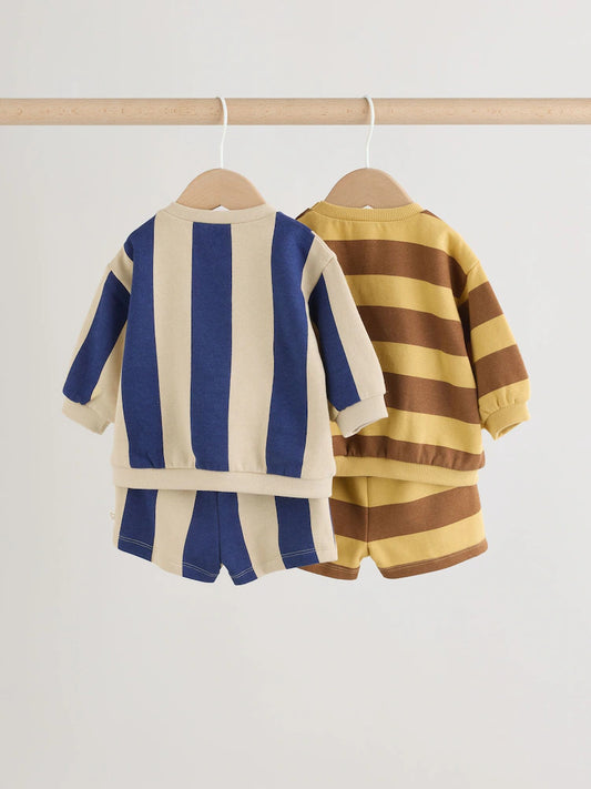 |BabyBoy| Conjunto De 4 Peças Para Bebê (0 meses a 2 anos) Composto Por Moletom Listrado Azul/Ferrugem e shorts