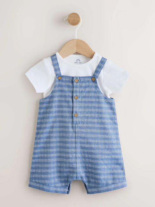 |BabyBoy| Conjunto De Jardineira e Body Xadrez Azul (0 meses a 2 anos)