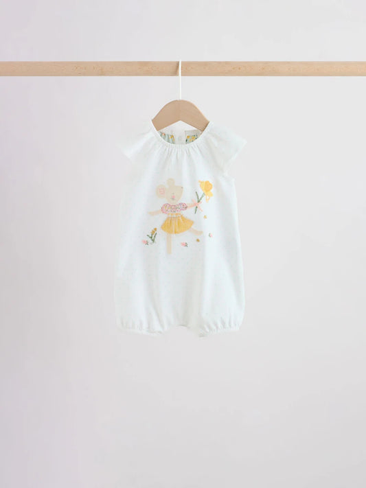 |BabyGirl| Conjunto De 4 Macacões De Bebê Em Malha Com Estampa Floral Amarela e Azul De Ratinhos