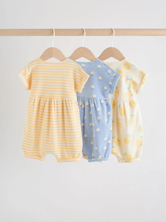 |BabyGirl| Conjunto De 3 Bodies De Bebê Em Malha Com Estampa Azul e Limão e Botões.