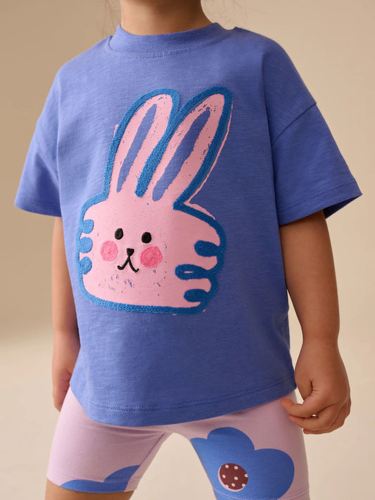|Girl| Conjunto de Camiseta de Manga Curta e Shorts Ciclista com Estampa de Coelhinho Azul (3 meses a 7 anos)