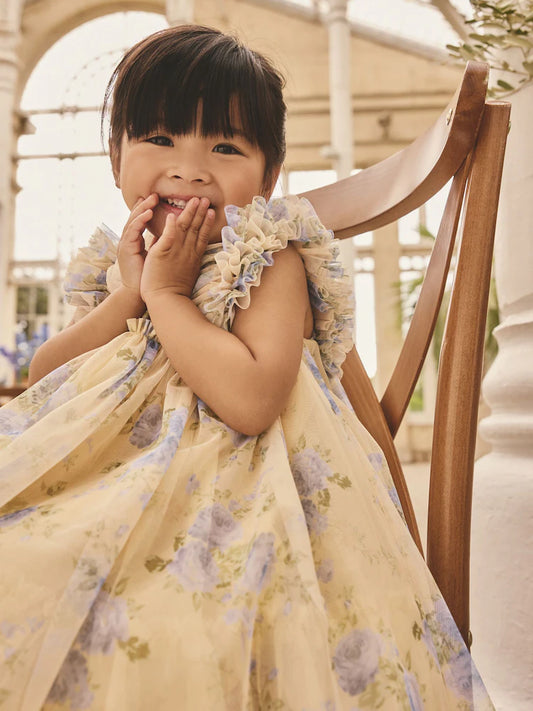|Girl| Vestido De Tule Amarelo com Babados nos Ombros (3 meses a 7 anos)