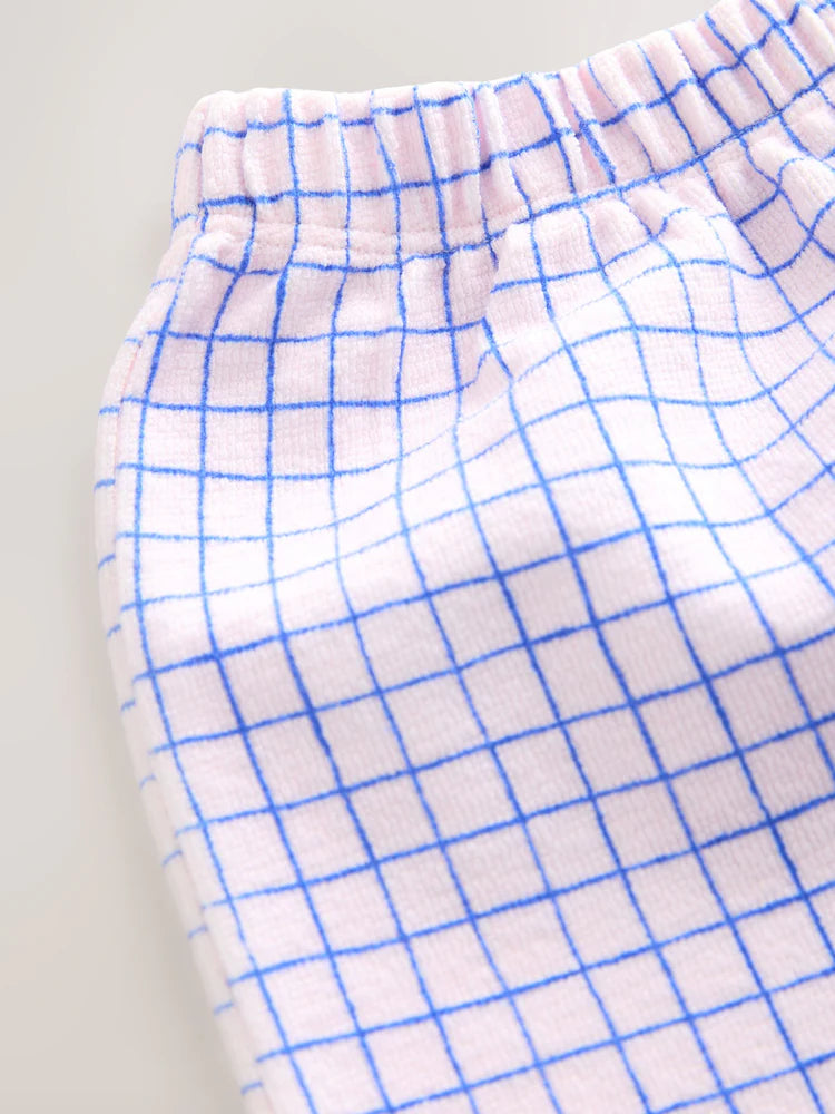 |Girl| Calças De Perna Larga Com Babados e Estampa Xadrez Rosa/Azul (3 meses a 7 anos)