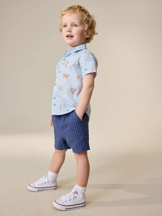 |Boy| Shorts De Linho Listrado Azul-Marinho (3 meses a 7 anos)