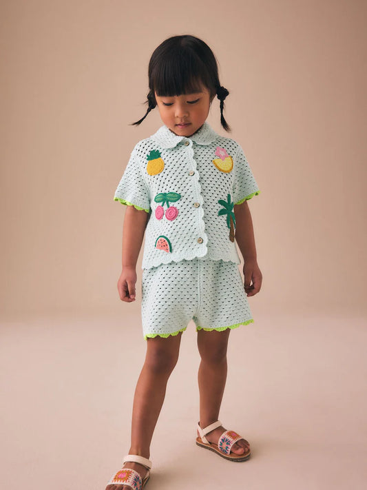 |Girl| Conjunto de Short de Tricô Azul com Bordado em Crochê (3 meses a 7 anos)
