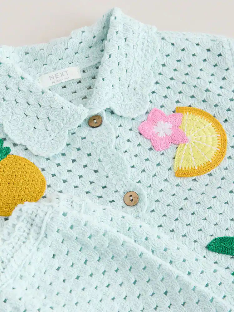 |Girl| Conjunto de Short de Tricô Azul com Bordado em Crochê (3 meses a 7 anos)