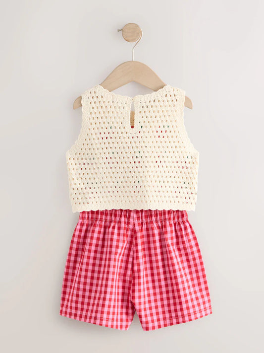|Girl| Top Vermelho De Crochê Com Estampa De Cereja e Shorts Xadrez Vichy (12 meses a 7 anos)