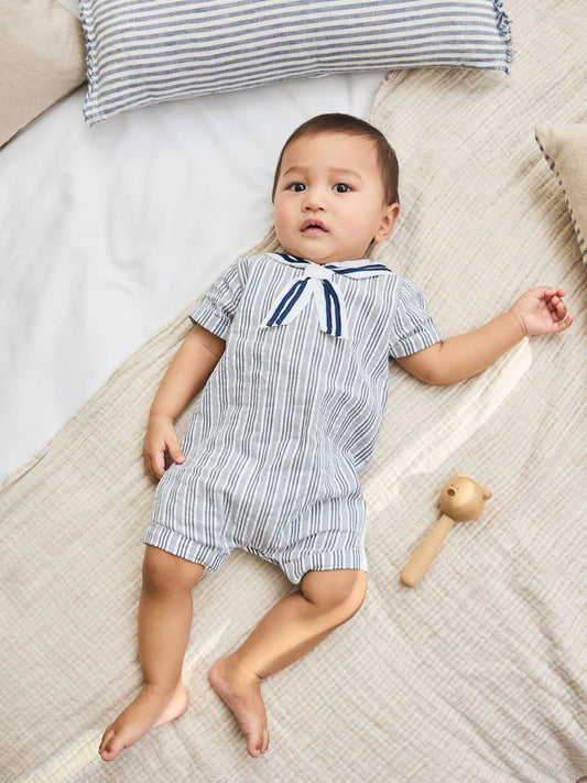|BabyBoy| Macacão Infantil Listrado Azul (0 meses a 3 anos)