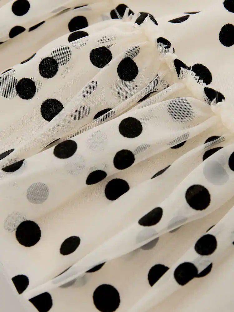 |Girl| Vestido De Festa Monocromático Com Estampa De Bolinhas e Tule (3 meses a 7 anos)