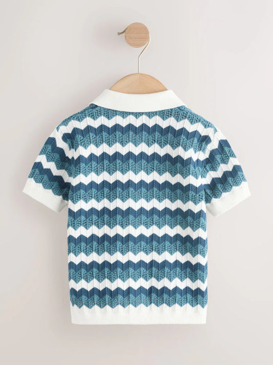 |Boy| Camisa Polo Azul/Branca Com Gola Redonda Em Zigue-Zague (3 meses a 7 anos)