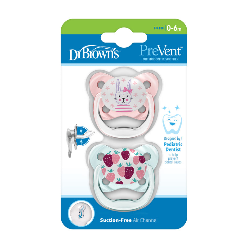Dr Brown's PreVent Butterfly chupetas rosa 0-6m esterilizador seguro sem BPA 2 unidades