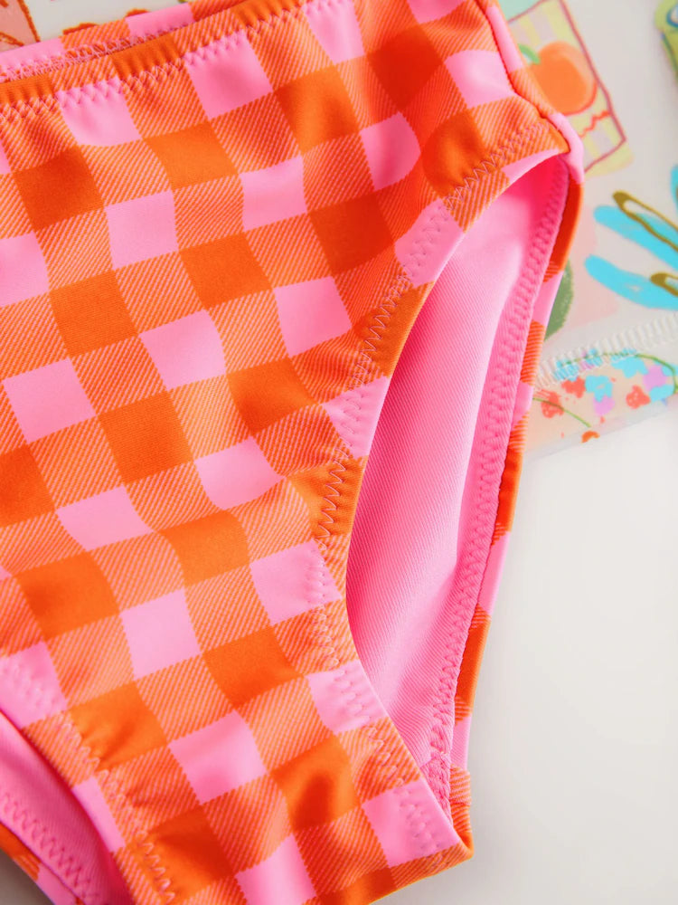 |Girl| Conjunto De Manga Curta Com Babados e Estampa De Piquenique Laranja (3 meses a 10 anos)