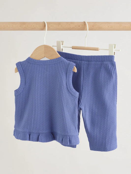 |BabyGirl| Conjunto De 2 Peças Para Bebê: Blusa Canelada Azul e Calça Pantalona (0 meses a 2 anos)