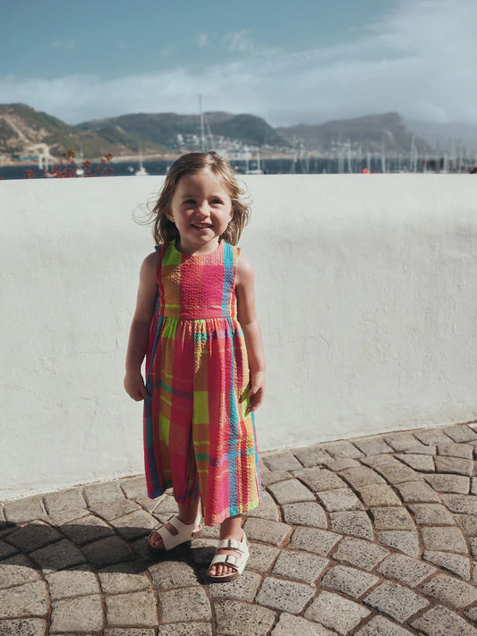 |Girl| Macacão Curto Xadrez Laranja/Rosa Sem Mangas (3 meses a 7 anos)