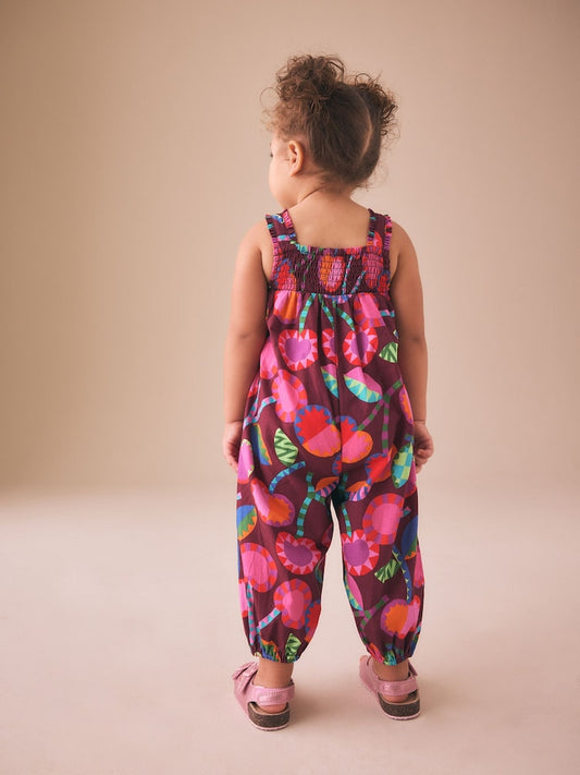 |Girl| Macacão Curto Estampado Em Tons De Roxo e Vermelho (3 meses a 7 anos)