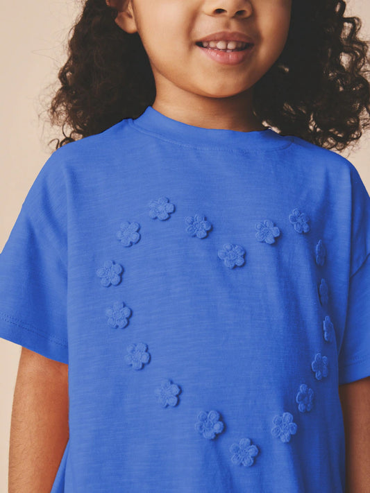 |Girl| Camiseta Azul De Manga Curta Com Aplique De Flor (3 meses a 7 anos)