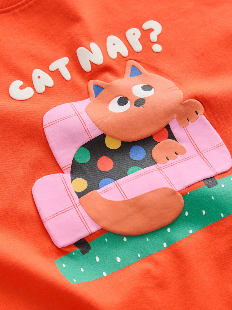 |Girl| Camiseta De Manga Curta Com Estampa De Gato Laranja (3 meses a 7 anos)