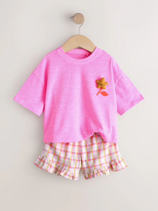 |Girl| Conjunto De Camiseta e Shorts Com Estampa De fFlores Rosa (3 meses a 7 anos)