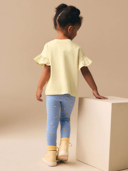 |Girl| Conjunto De Camiseta De Manga Curta e Legging Com Estampa Floral Amarela Acolchoada (3 meses a 7 anos)