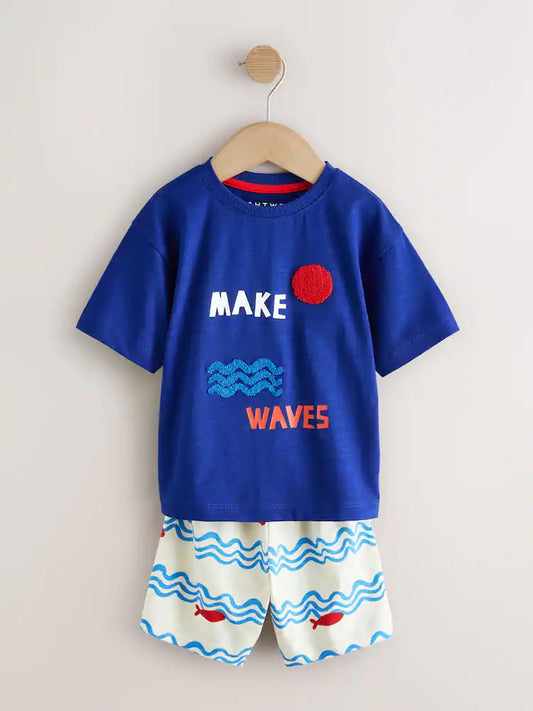 |Boy| Conjunto De 3 Pijamas Curtos Com Estampa De Praia Nas Cores Vermelho, Azul e Branco (9 meses a 12 anos)