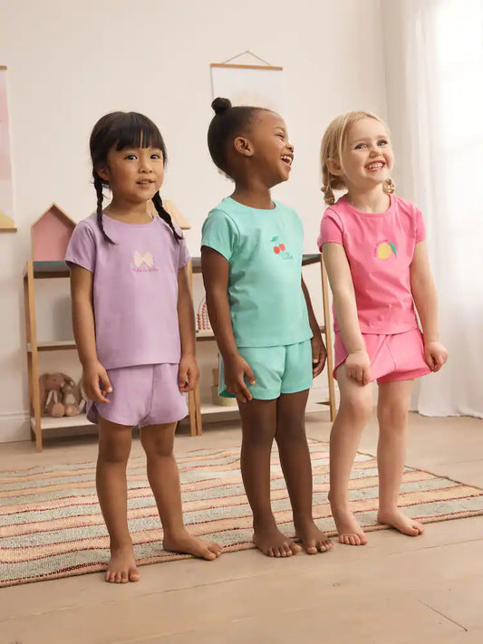 |Girl| Conjunto De 3 Pijamas Curtos Em Tons De Verde-Azulado e Rosa (9 meses a 12 anos)