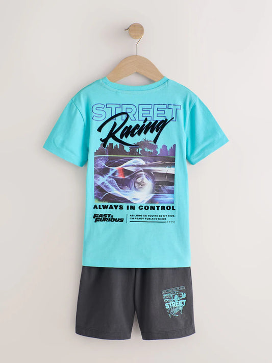 |BigBoy| Pijama Curto Azul/Cinza Estilo Velozes e Furiosos (4-14 anos)