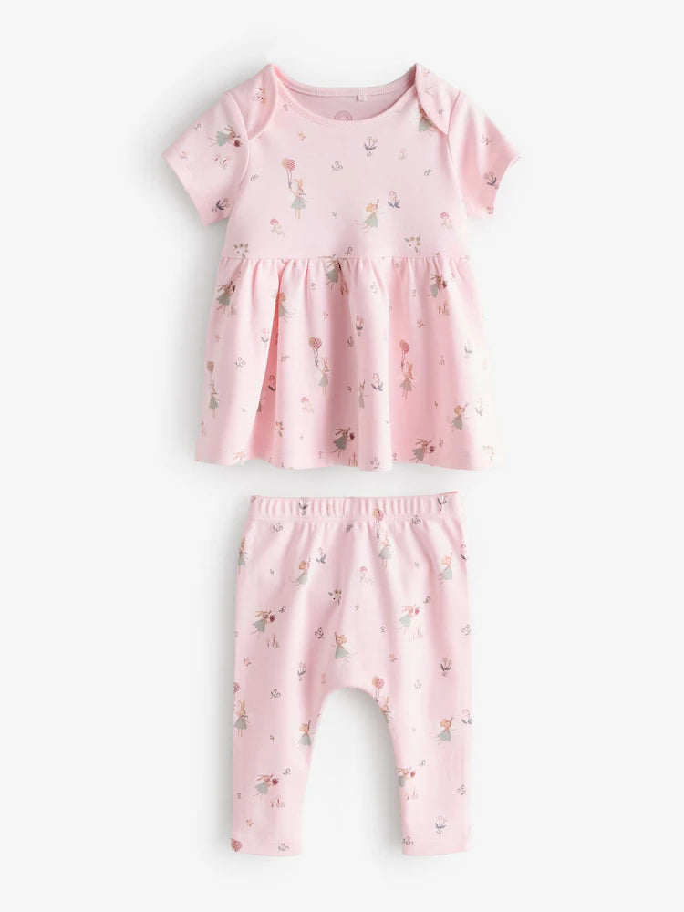|BabyGirl| Conjunto De Vestido Curto e Leggings Com Estampa De Fadas Rosa
