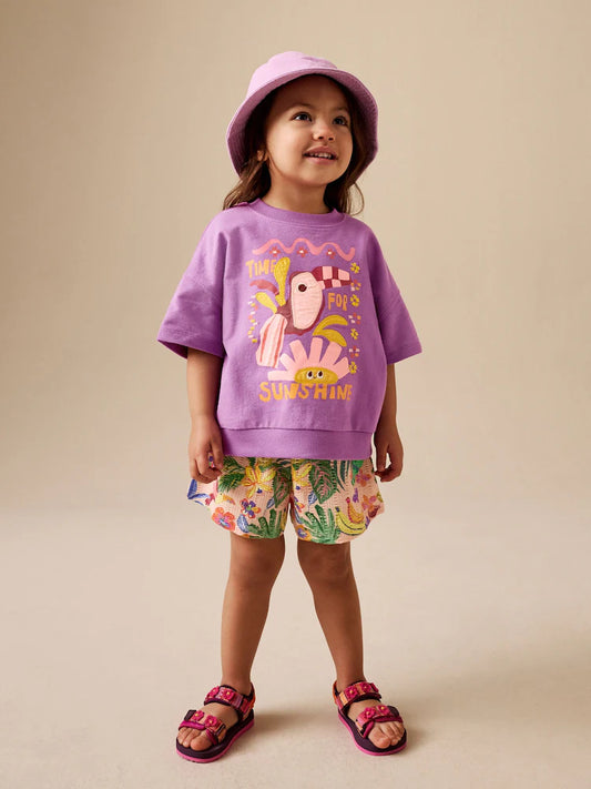 |Girl| Conjunto Roxo Tropical Com Top e Shorts (3 meses a 7 anos)