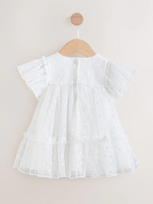 |BabyGirl| Vestido de Tule para Bebê com Laço Branco (0 meses a 2 anos)