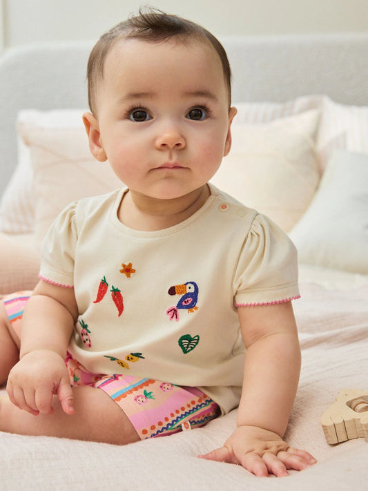 |BabyGirl| Conjunto De 2 Peças Para Bebê, Cor Cru Tropical, Composto Por Blusa De Manga Curta e shorts (0 meses a 2 anos)