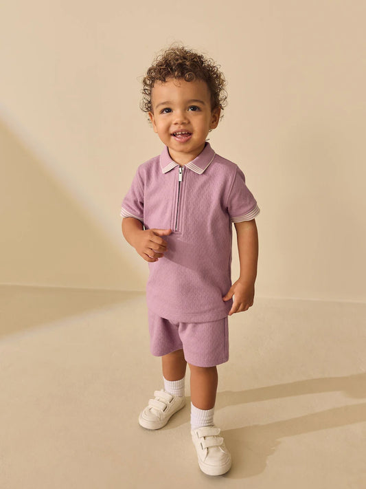 |Boy| Conjunto De Camisa Polo Rosa Com Zíper No Pescoço e Shorts (3 meses a 7 anos)