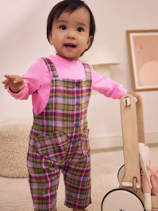 |BabyGirl| Conjunto De 2 Peças Para Bebê: Body De Manga Longa Xadrez Verde e Jardineira De Tecido