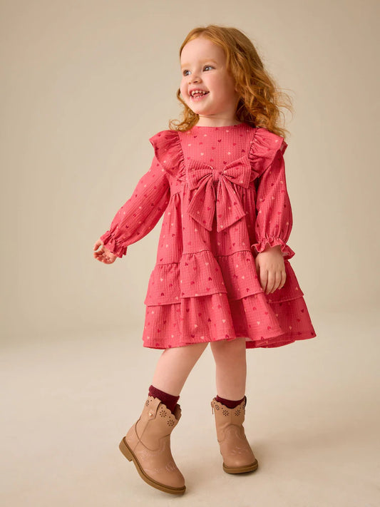 |Girl| Vestido de Manga Longa com Babados e Estampa de Corações Rosa (3 meses a 7 anos)