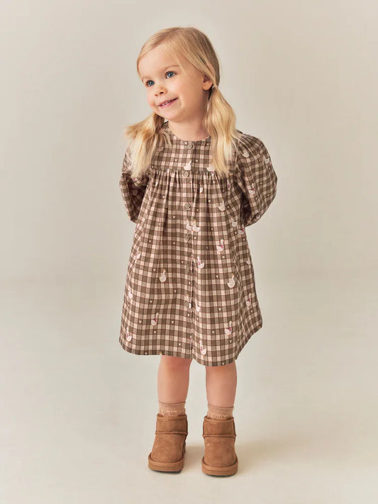 |Girl| Vestido de Manga Longa Xadrez Verde com Personagem em 3D (3 meses a 8 anos)