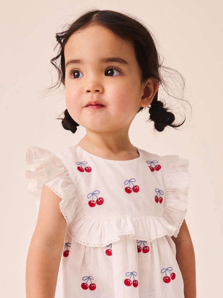 |Girl| Conjunto de Calça com Listras Azuis e Estampa de Cerejas Vermelhas e Blusa sem Mangas (3 meses a 8 anos)