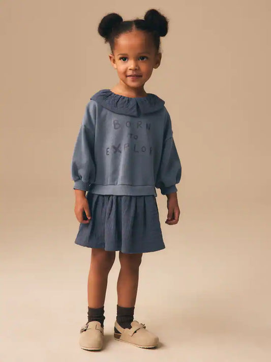 |Girl| Vestido De Moletom Azul-Marinho Em Camadas (3 meses a 7 anos)