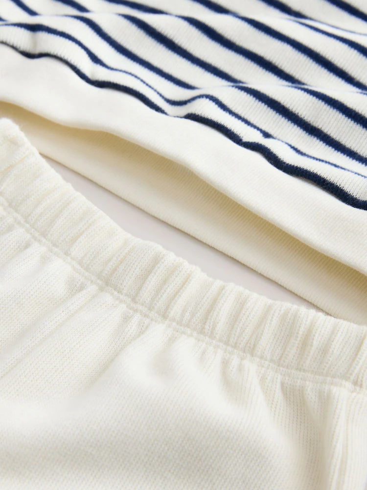 |Girl| Conjunto De Blusa De Manga Comprida Listrada Em Tons De Bege e Azul Marinho e Calça jogger de pernas largas (3 meses a 7 anos)