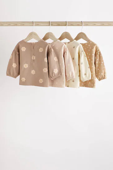 |BabyGirl| Conjunto Com 4 Blusas De Manga Comprida Para Bebês - Chocolate Brown/Pink All Over Print