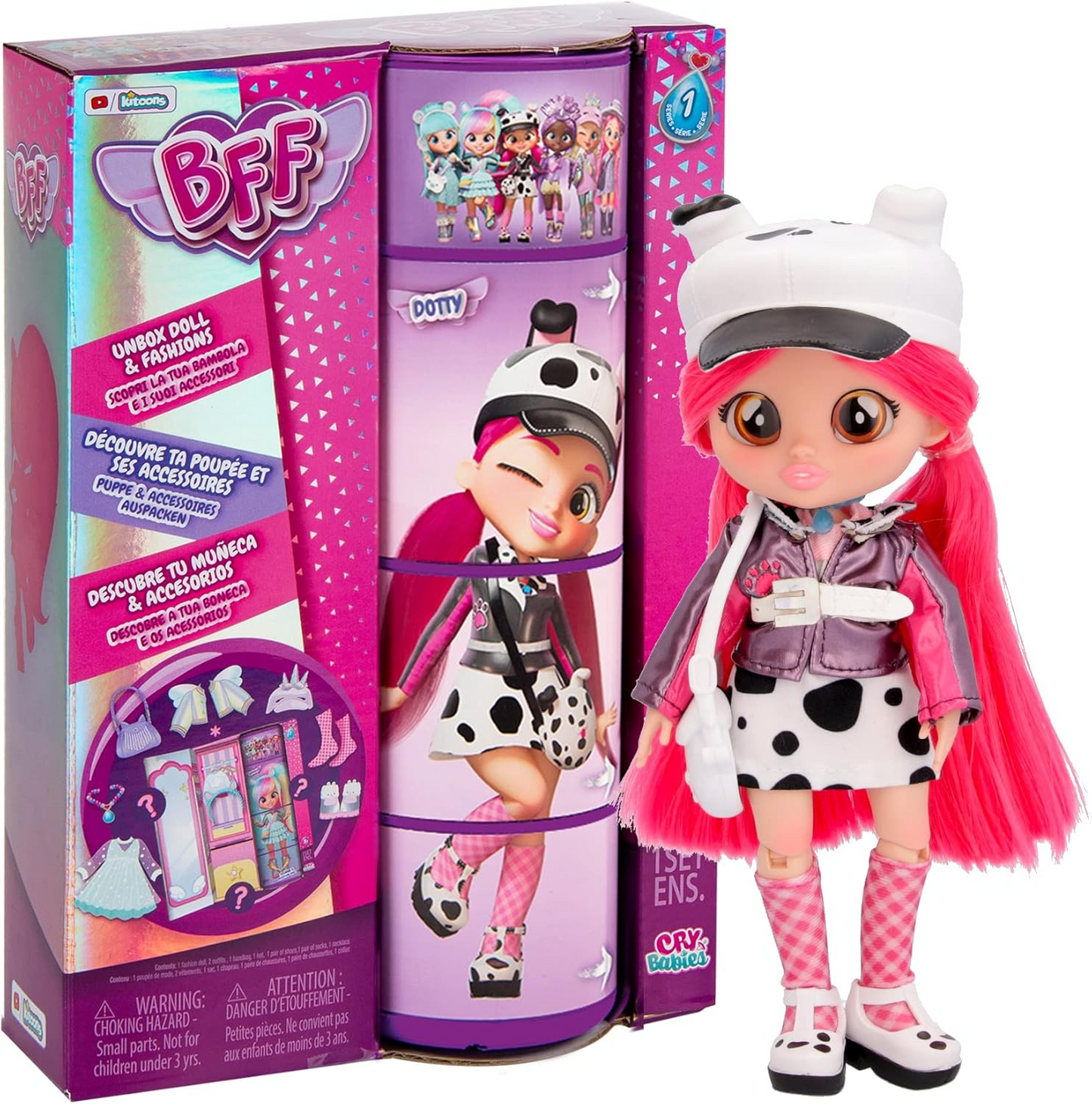 BFF by Cry Babies S2 Bruny Boneca colecionável de moda com cabelo comprido, roupas de tecido e 10 acessórios - Brinde de brinquedo para meninas e meninos +5 anos